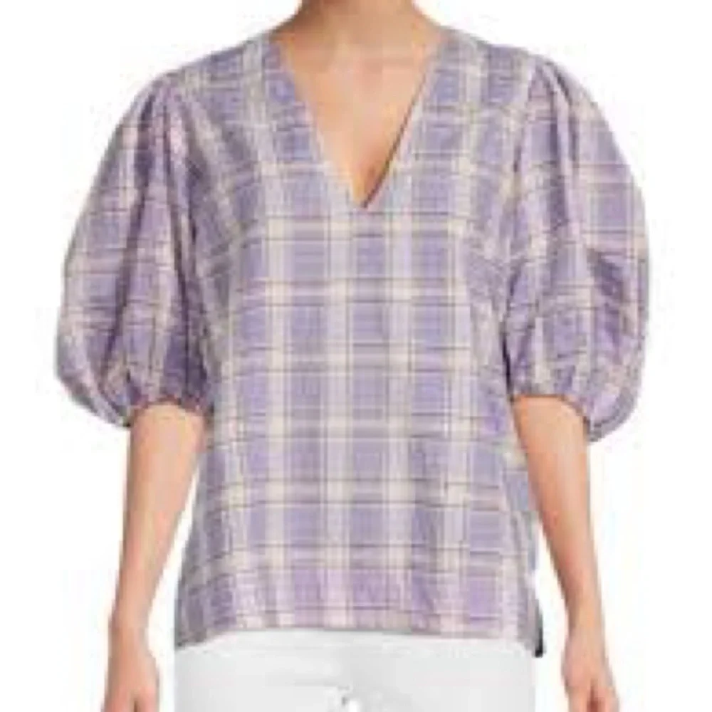 Ganni Check Seersucker Check V Neck Blouse in Persian Violet Check - Size Small - Picture 1 of 10